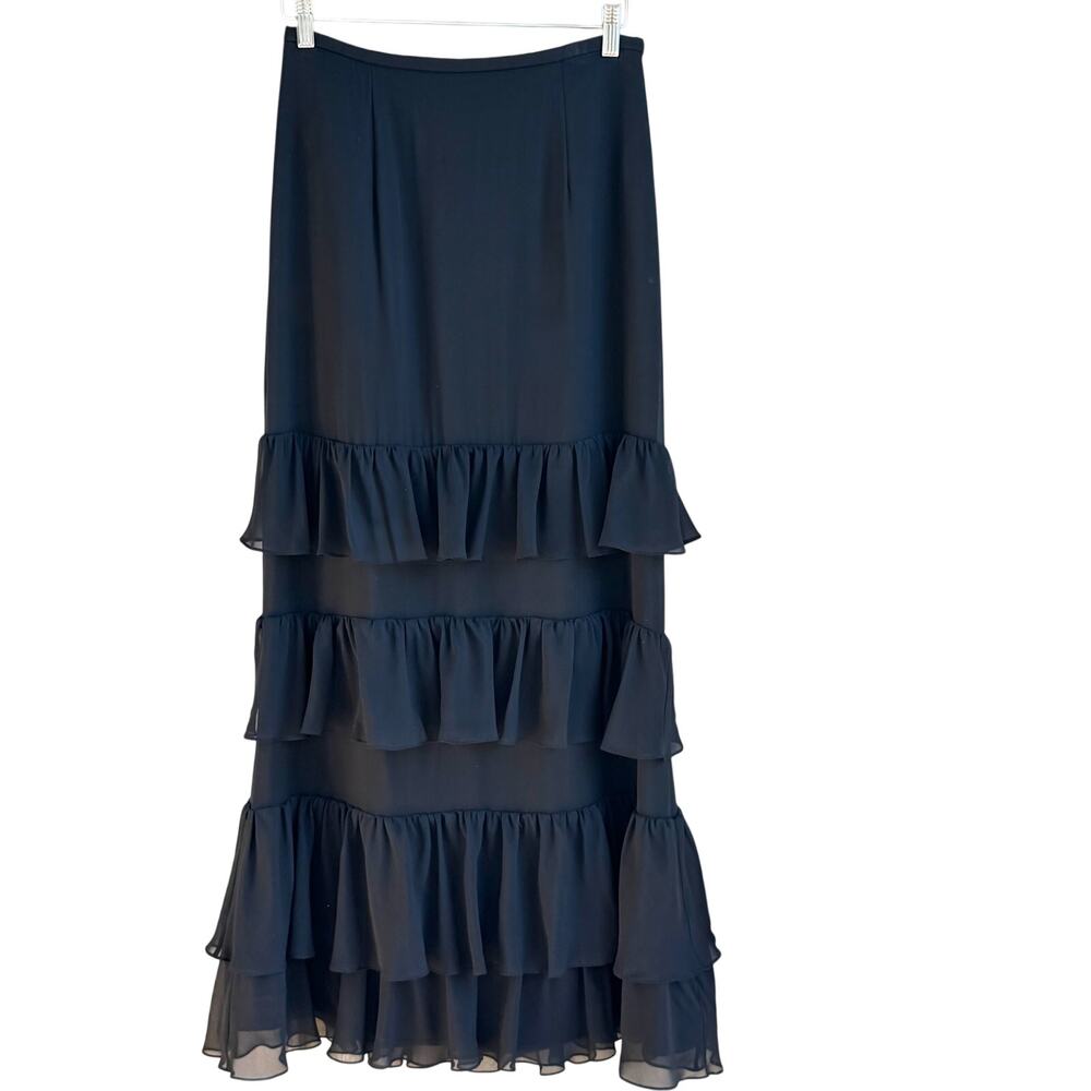 Kay Unger 100% Silk Black Tiered Evening Skirt Size 8 Formal Maxi Luxury